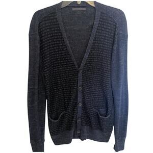 John Varvatos Button Cardigan Mens Large Navy Blue Mixed Stitch V-Neck Sweater